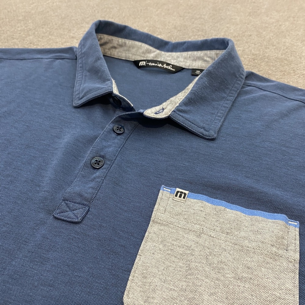 Travis Mathew‎ Polo Shirt Mens 2XL Blue Gray Pocket Performance Golf Casual XXL